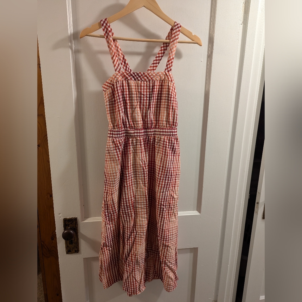 Madewell Cutout-Back Midi Dress in Gingham Plaid, Color Fade Gingham Thai Chili